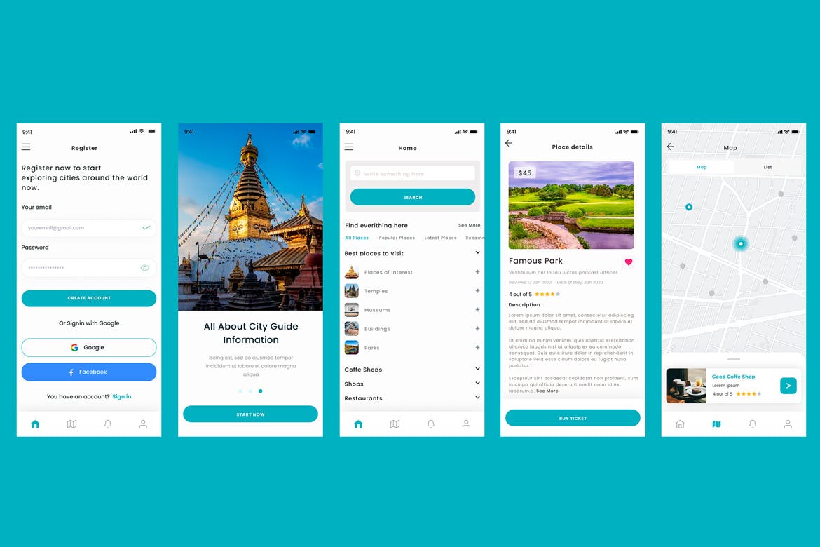 城市指南旅行旅游App应用程序界面设计UI套件模板 City Guide, Travel, Tours, Tourism & Visits App UI