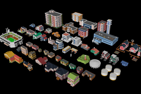 C4D建筑模型-52个卡通低多边形房子模型楼房模型