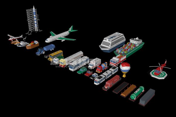 C4D27个卡通低多边形汽车飞机船模型交通工具模型