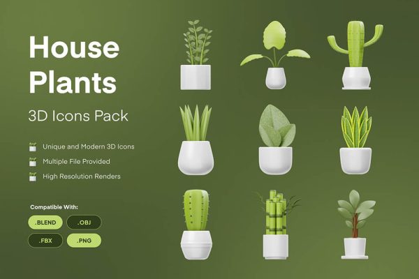 室内卡通植物3D图标模型 Houseplants 3D Icon