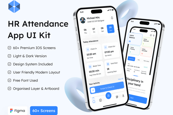 人力资源考勤打卡App应用程序UI套件 HR Attendance App UI Kit