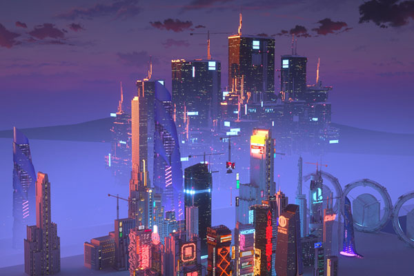 C4D工程-赛博朋克城市建筑渲染场景工程城市场景模型