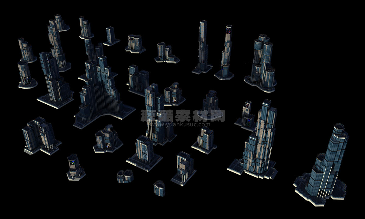 C4D工程-30个科幻现代城市大楼建筑模型OC工程