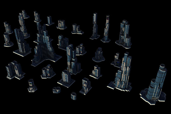 C4D工程-30个科幻现代城市大楼建筑模型OC工程