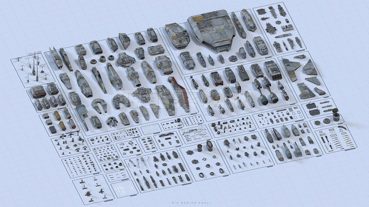 600组科幻宇宙飞船星际舰队飞行员3D模型合集 Blender/C4D/FBX/OBJ/UE Big Medium Small – Modelshop Greebles Collection Bundle