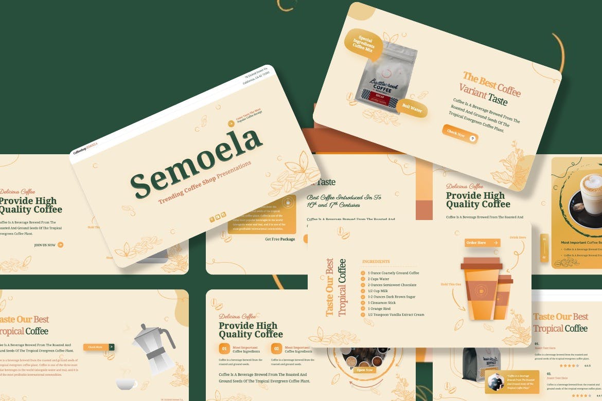 咖啡推广绿色PPT幻灯片模板素材 Semoela – Coffee Powerpoint Template