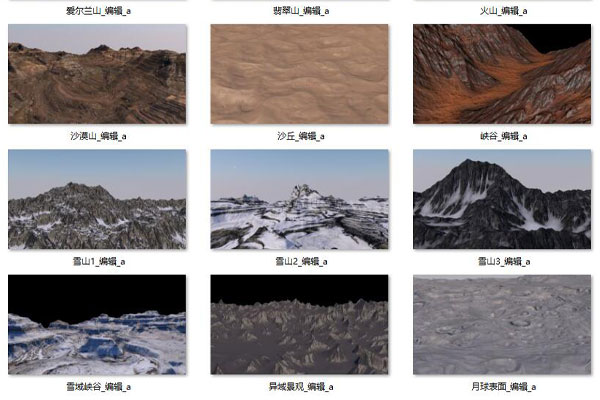 12种超高质量8K高山雪山外星地表地形贴图+C4D模型