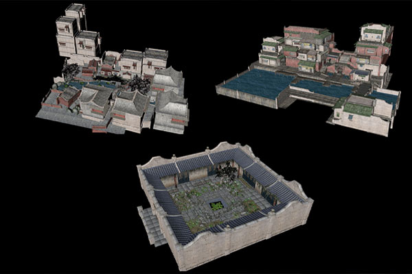 C4D3个中式传统房屋建筑模型下载