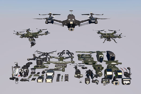 C4D3个无人机模型无人机套件模型C4D模型下载