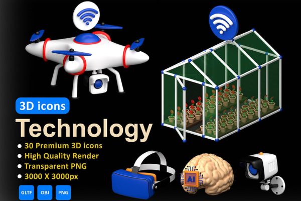 现代科技技术卡通3D图标模型合集 Technology 3D icons Set