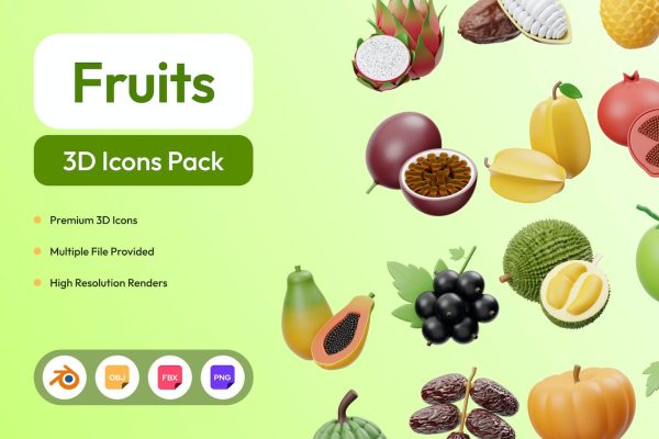 卡通水果食品3D图标插画模型素材 Fruits 3D Icon