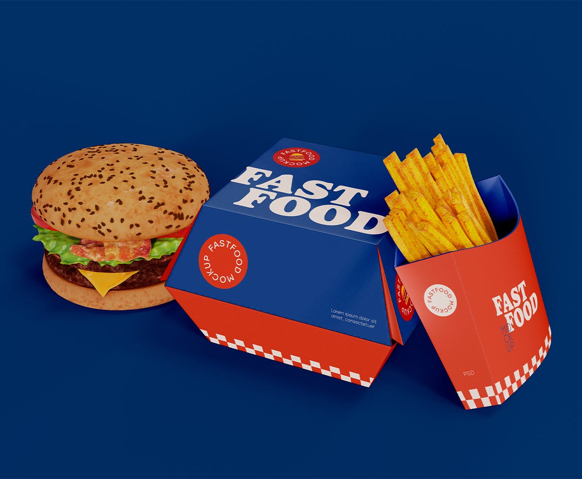 汉堡薯条食品包装设计样机素材 Fast Food Mockup