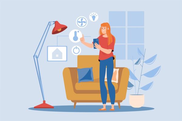 平面卡通风格智能家居人物场景插画素材 Smart Home Blue Concept with People Scene