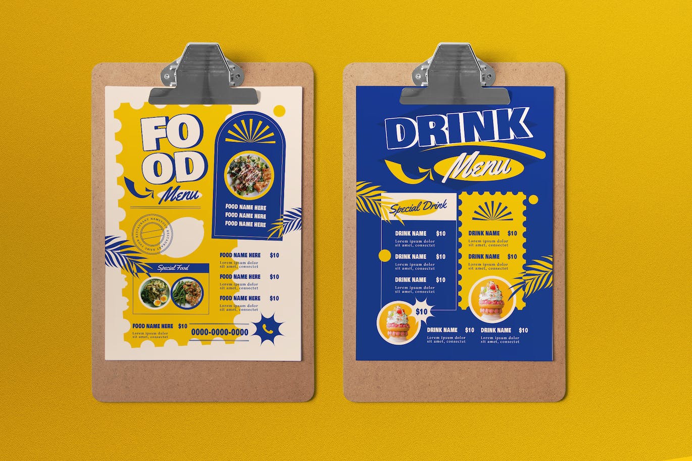 双色平面设计夏季食品菜单模板 Blue Yellow Flat Design Summer Food Menu