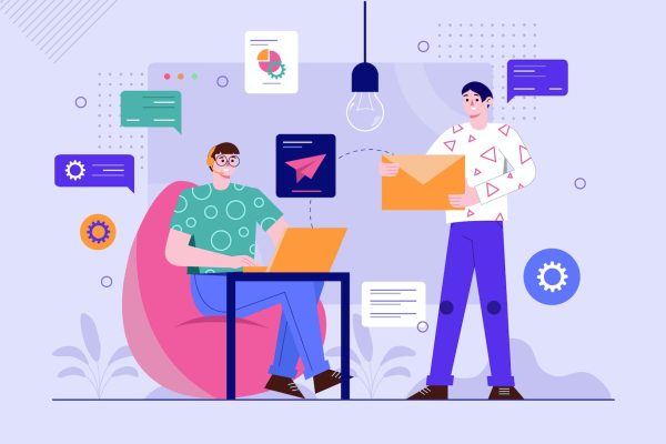 平面卡通风格客户帮助人物场景矢量插画素材