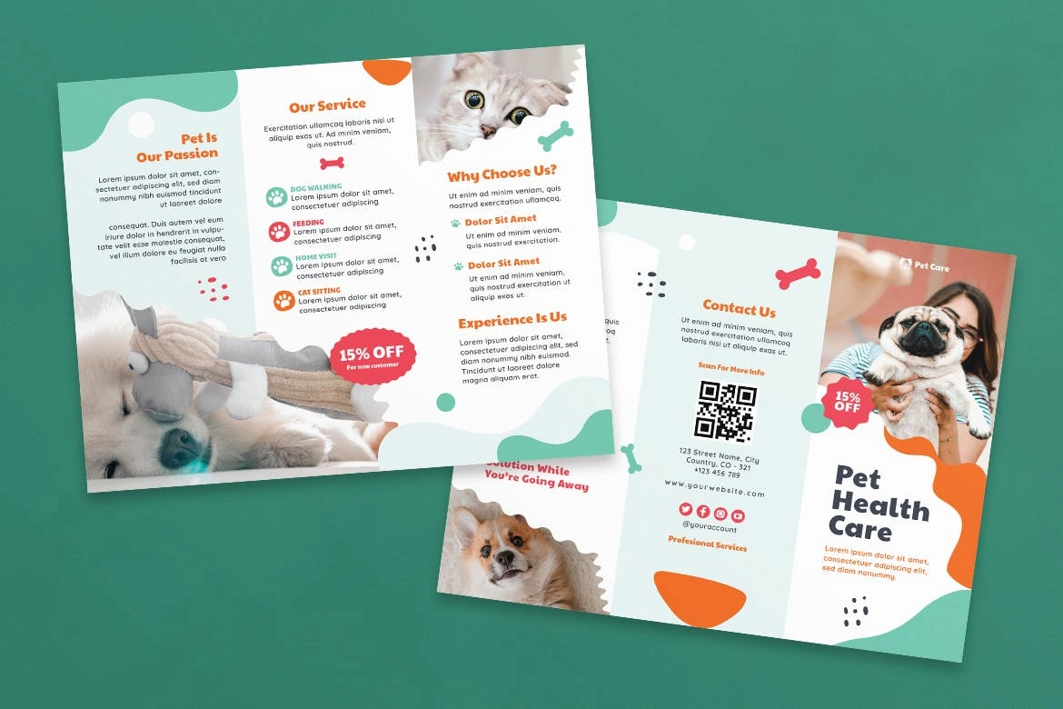 宠物护理知识宣传册设计模板 Pet Care Brochure Template