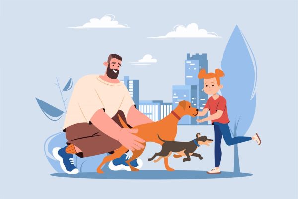 平面卡通风格遛狗人物场景插画素材 Blue Concept Pets with People Scene