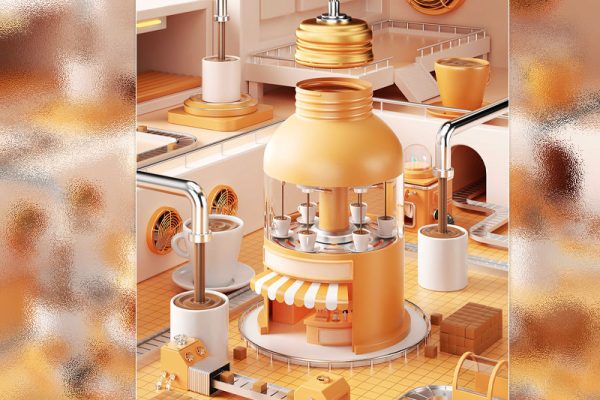 C4D工程-卡通咖啡流水线渲染OC工程咖啡场景模型