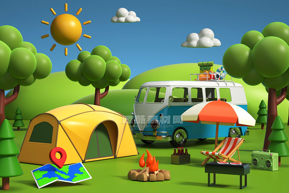 C4D卡通春天野外露营旅行场景渲染工程卡通场景模型