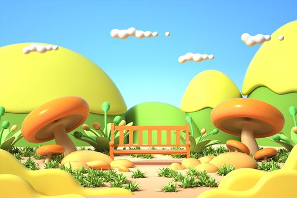 C4D卡通春季草地场景渲染工程卡通场景模型