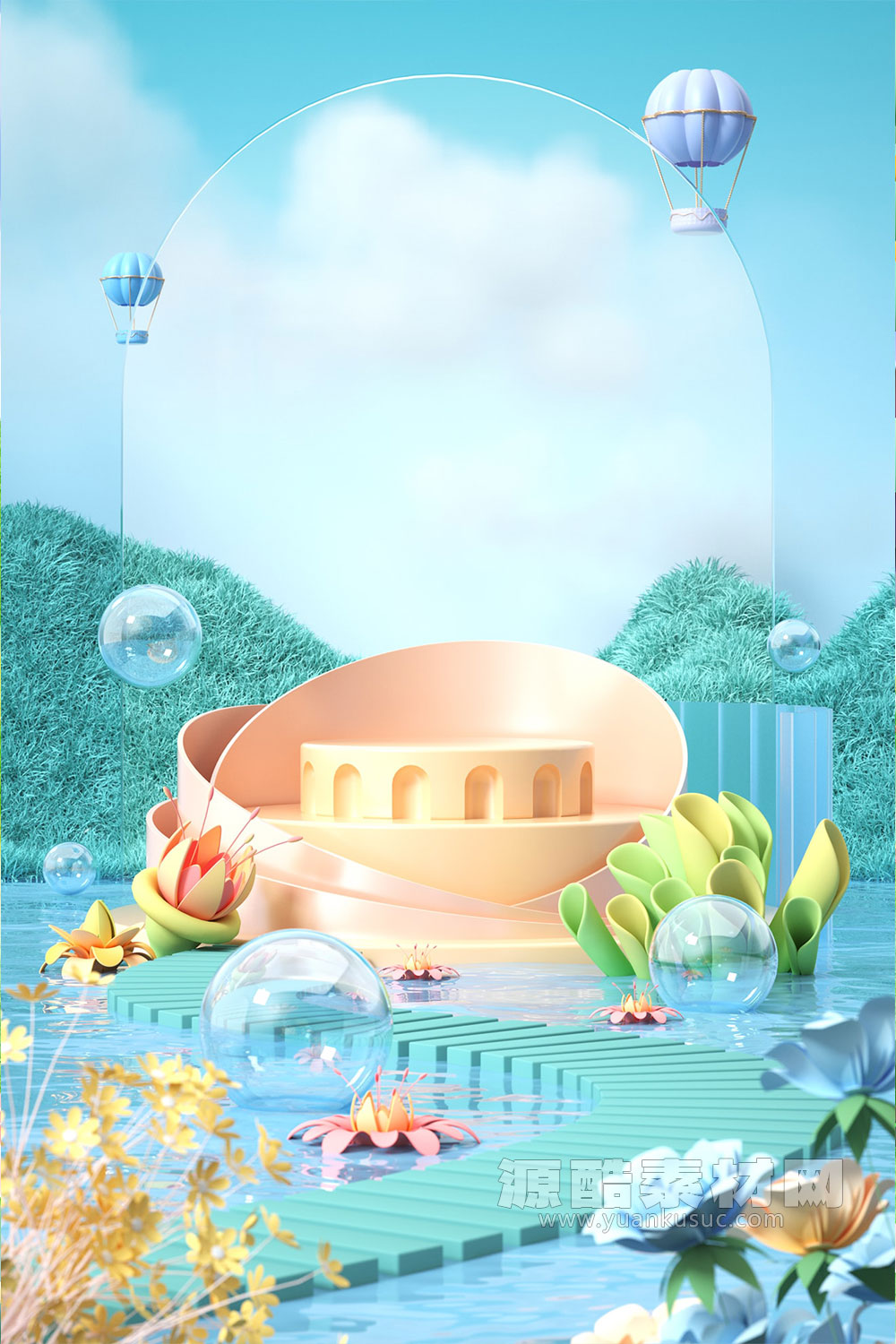 C4D卡通梦幻山水植物电商展台场景渲染工程下载
