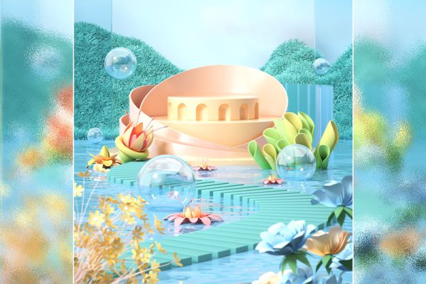 C4D卡通梦幻山水植物电商展台场景渲染工程