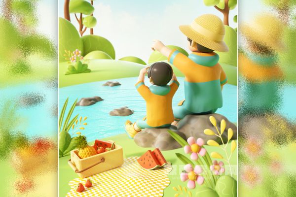 C4D卡通户外野餐海报场景渲染工程