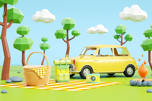 C4D卡通旅行汽车露营场景渲染工程卡通露营场景模型