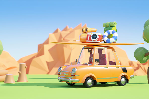 C4D卡通夏日旅行汽车场景渲染工程卡通旅行场景模型