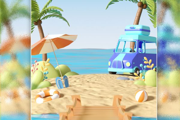 C4D卡通沙滩汽车场景工程卡通沙滩场景模型