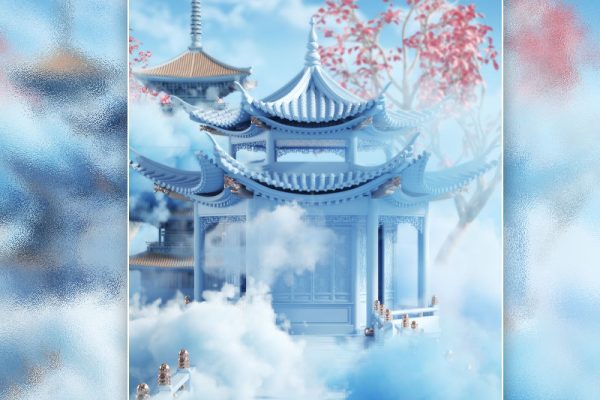 C4D蓝色中式建筑亭子OC场景渲染工程中式亭子建筑模型