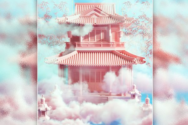 C4D粉色国风塔楼建筑场景渲染工程塔楼建筑模型