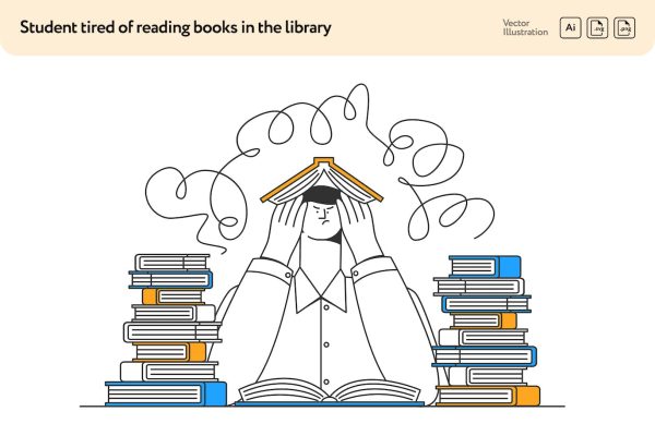 学习烦恼矢量插画素材 Student Tired of Reading Books in the Library