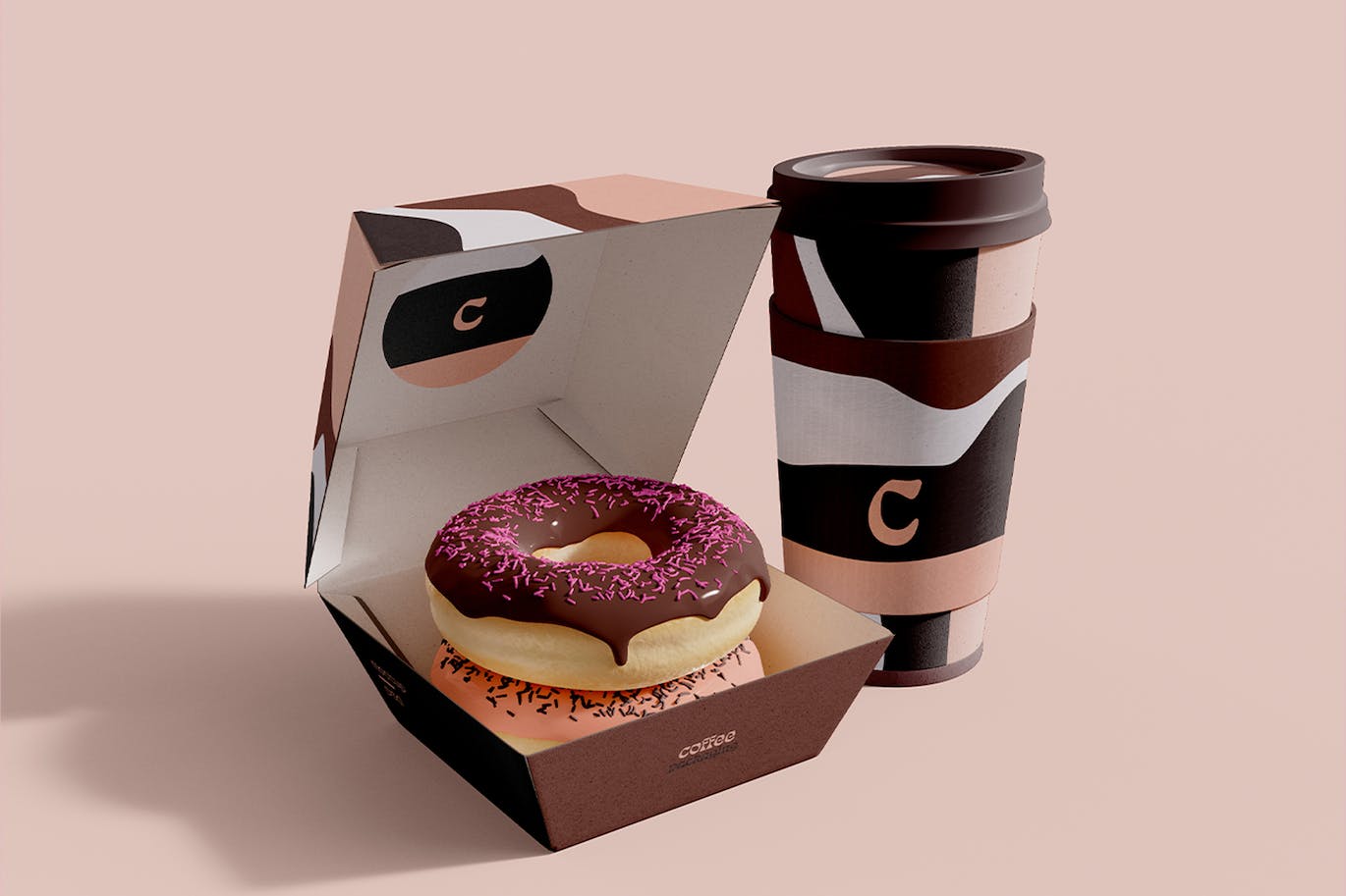 咖啡杯和甜甜圈包装盒样机模板 Coffee Cup and Donuts Box Mockup