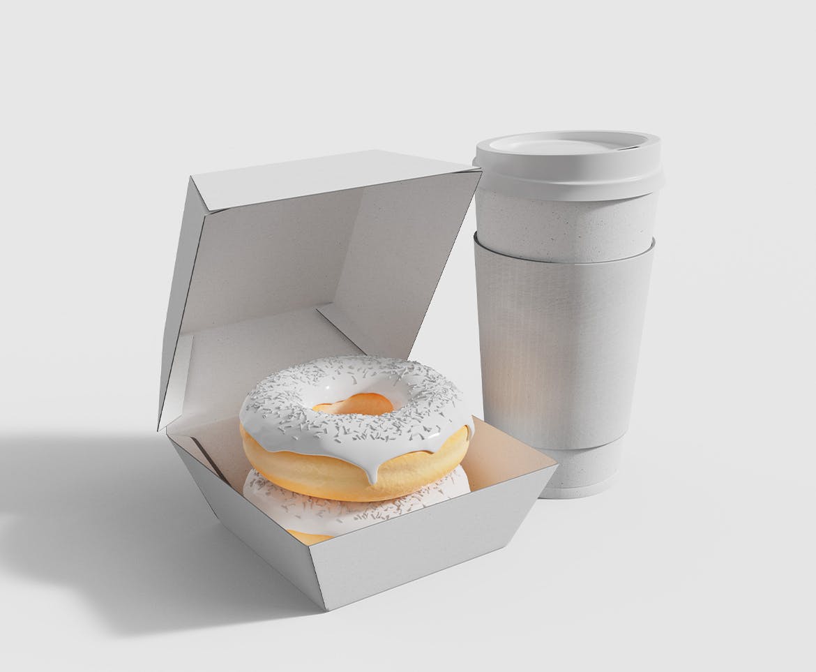 咖啡杯和甜甜圈包装盒样机模板 Coffee Cup and Donuts Box Mockup