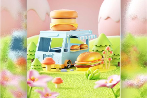 C4D卡通面包汉堡餐车场景渲染工程