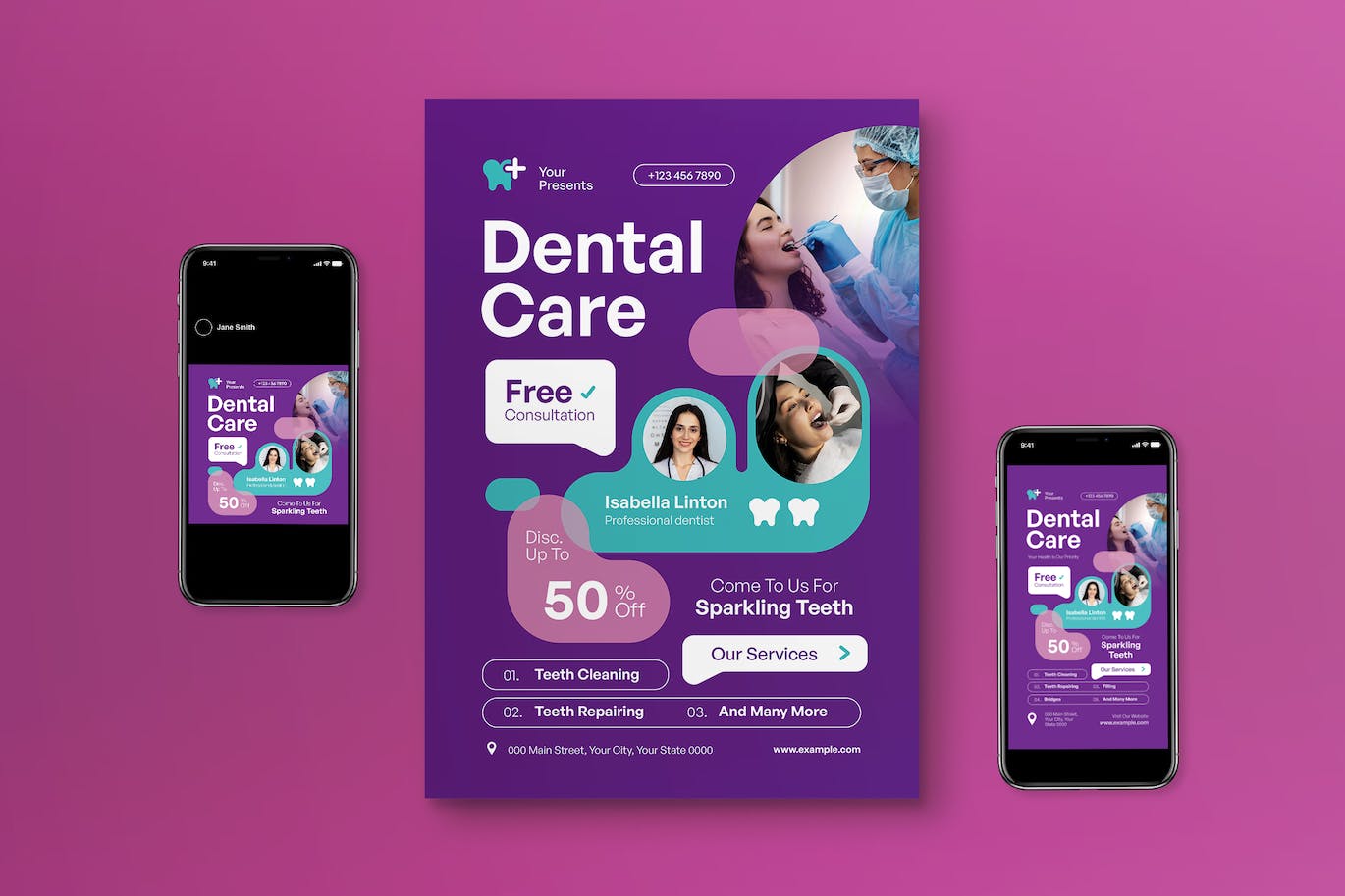 紫色几何图形现代牙科护理海报模板下载