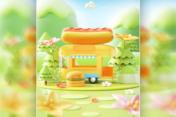 C4D卡通汉堡热狗场景渲染工程卡通食品场景模型