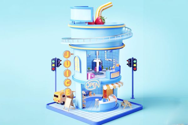 C4D卡通果汁商店小房子建筑渲染工程卡通建筑模型