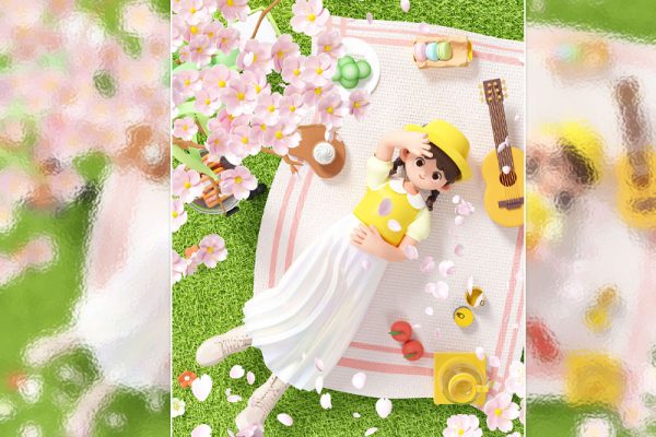 C4D樱花女孩户外野餐场景渲染工程户外野餐场景模型