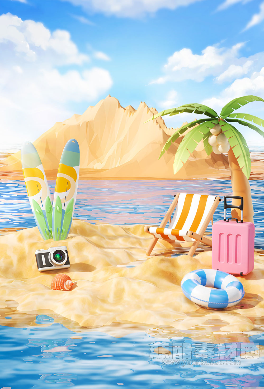 C4D夏季海边沙滩度假卡通场景渲染工程卡通沙滩场景模型
