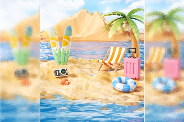 C4D夏季海边沙滩度假卡通场景渲染工程卡通沙滩场景模型