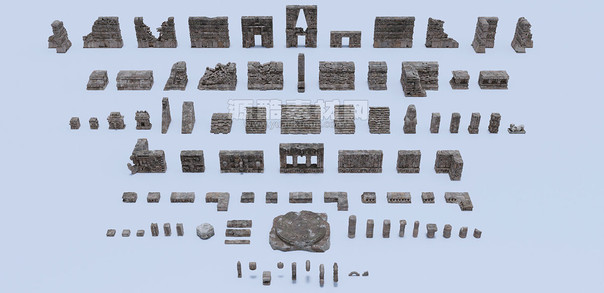 100多个失落之城寺庙废墟人物角色等3D模型资产包