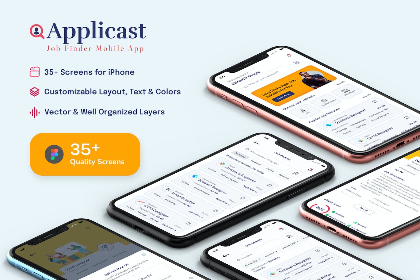 求职应聘App界面设计UI模板套件 Applicast – Job Finder Mobile App UI Kit
