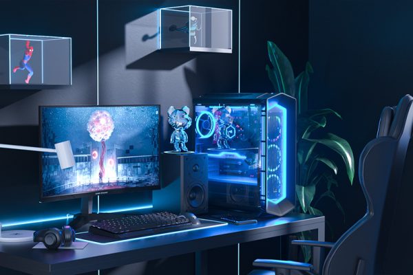 C4D电脑主机键盘显示器电竞游戏房场景渲染工程耳机鼠标模型