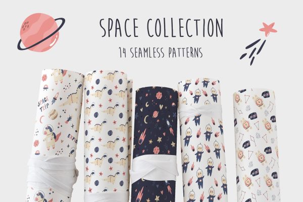 可爱的宇宙元素无缝图案素材合集 Cute Cosmic Set of Seamless Patterns