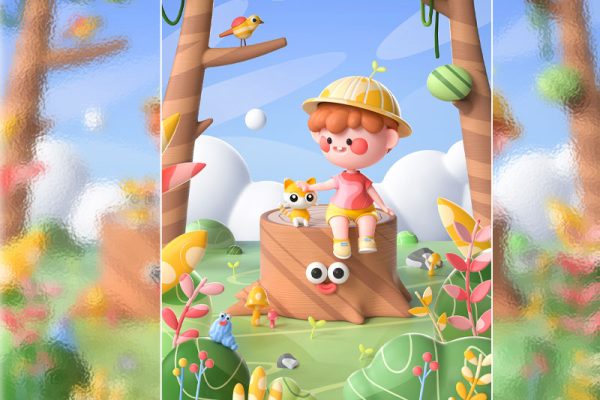 C4D卡通IP丫丫和她的猫森林场景渲染工程卡通场景模型