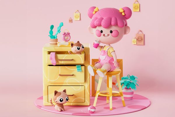 C4D卡通IP丫丫和她的猫渲染工程卡通IP场景模型