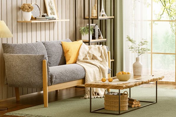 C4D室内客厅场景渲染工程实木茶几模型竹椅模型