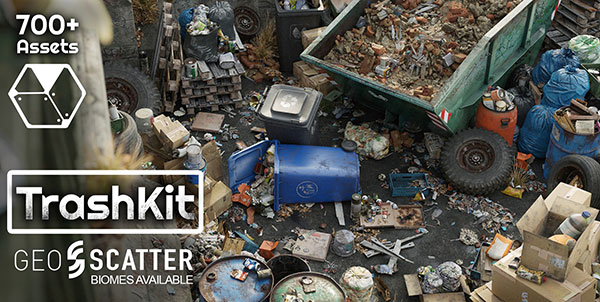 Blender预设-700多个废墟垃圾堆瓶子罐头纸箱废品3D模型资产 Trash Kit – 3D Assetkit